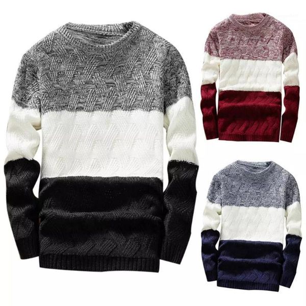 

men o-neck long sleeve color block patchwork knitted sweater warm male slim casual cashmere wool pullovers1, White;black
