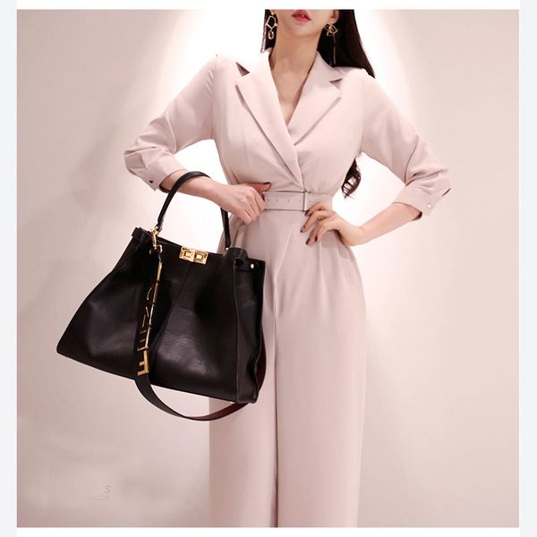

spring casual jumpsuit women's suit collar high waist slim wide leg trousers, Gray