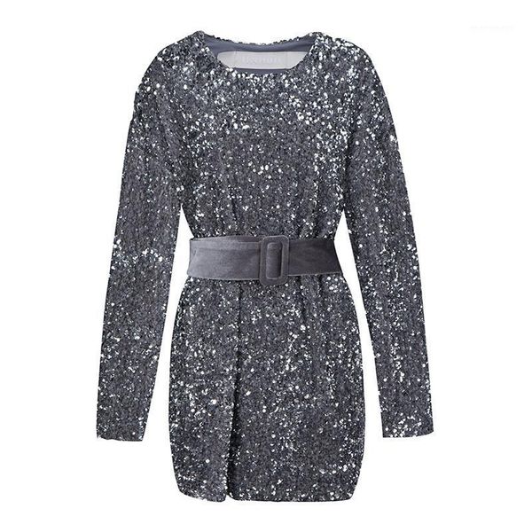 

casual dresses gray v-neck long sleeve empire sequined mini a-line dress female sashed women spring christmas party blingbling d30261, Black;gray