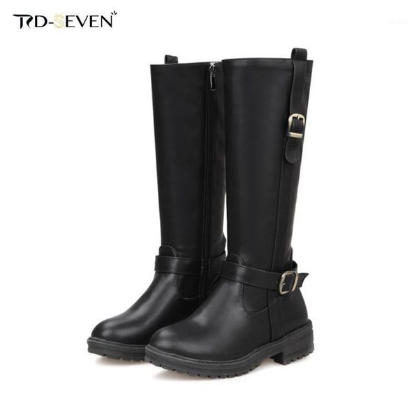 

size 34-43 cowboy boots women knee-high long boots fashion knee high genuine leather buckle strap mid-calf shoes1, Black