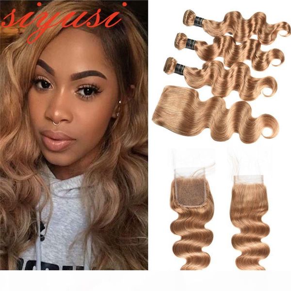 

peruvian brazilian body wave human hair weaves 3 bundles with lace closure color 27# honey blonde brazilian virgin hair wefts with closure, Black;brown