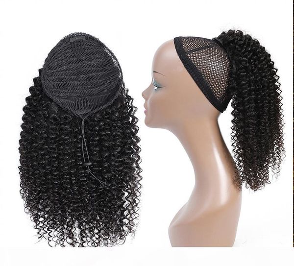 

afro kinky curly ponytail human hair remy brazilian drawstring ponytail 1 piece clip in hair extensions 1b pony tail, Black