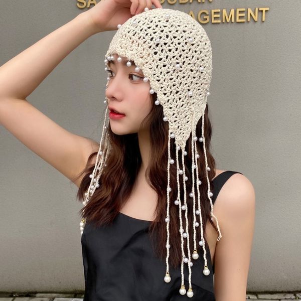 

ht3199 women hat all seasons knitted beanie hat lady crochet pearl skullies beanies vintage female tassels beanies y201024, Blue;gray