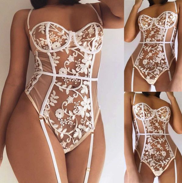 

womens lace backless garter lingerie bodysuit sleepwear jumpsuit teddies bodysuits underwear set, Black;white