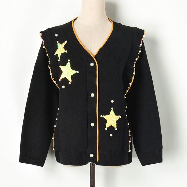 

high-end 2021 autumn luxo beading lantejoulas blouses with decote in v cardigans standard drawings baboon star shape x12a, White;black