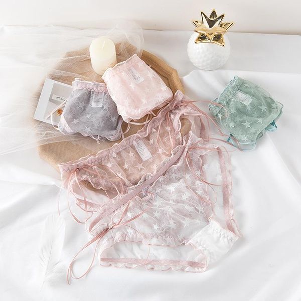 

new underpants sweet low waist lace women transparent five-pointed star japanese cotton crotch ventilate briefs intimate, Black;pink