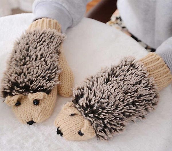 

five fingers gloves women winter without knitting wool cute warm mittens fingerless cartoon hedgehog, Blue;gray