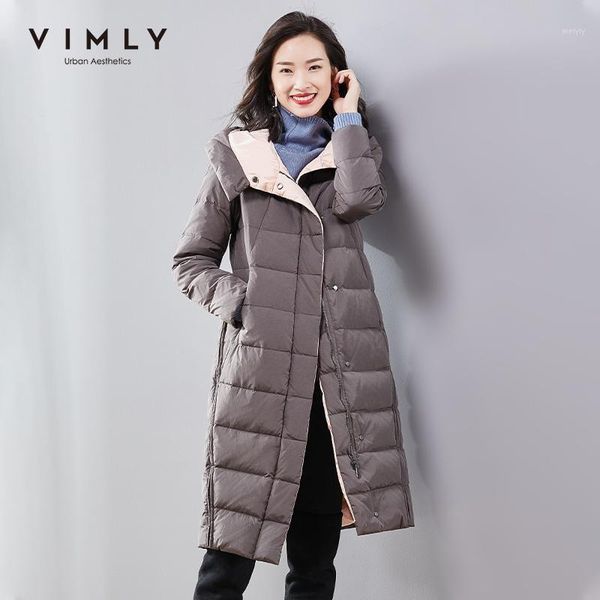 

vimly winter women 90% white duck thicken down jacket elegant zipper single breasted hooded coats female long overcoat 50881, Black