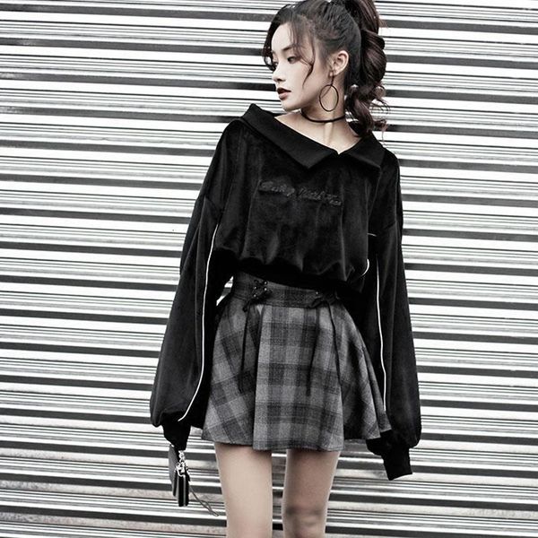 

women's sets gothic letter embroidery velvet sweatshirt high waist bandage gray plaid mini skirt girls female set outwear