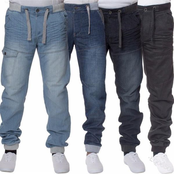 Мужские джинсы больших размеров, мужские джинсы со шнурком, середина талии, осенняя мода, свободные и повседневные, маленькие ножки, карман для привязи