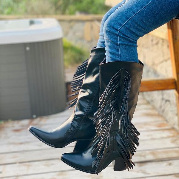 

boots women tassel suede embroidered knee high boots women pointy toe spike kitten heels winter long flats knight, Black