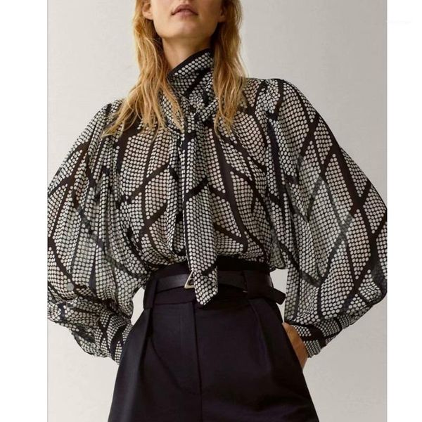 

2020 new long sleeve blouse women fashion dot check print loose bow casual blouses vintage female shirts blusas chic 1681, White