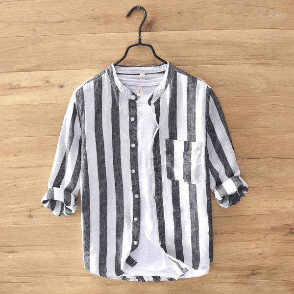 

100%pure linen striped shirt man casual three quarter sleeve fashion loose men's clothing y29381, White;black