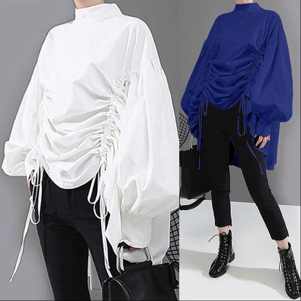 

zanzea 2021 fashion drawstring shirts womens irregular blouse causal puff sleeve pleated blusas female solid tunic plus size, White