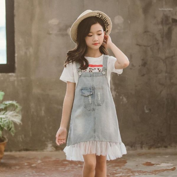 

girl's dresses yourseason 2021 summer mesh patchwork girls suspender denim dress fashion teen jumper cute baby jeans blue1, Red;yellow