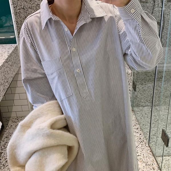 

fashion tide autumn new casual fashion temperament women loose plus striped lapel long sleeve over the knee dress tc7771, Black;gray