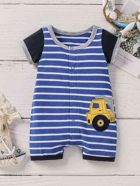 

baby striped excavator embroidery contrast binding romper she, Blue