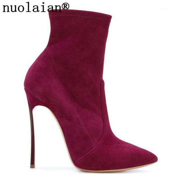 

boots 10.5cm high heel ankle women sock punk snow winter shoes woman faux suede leather boot womens strap shoe lady1, Black