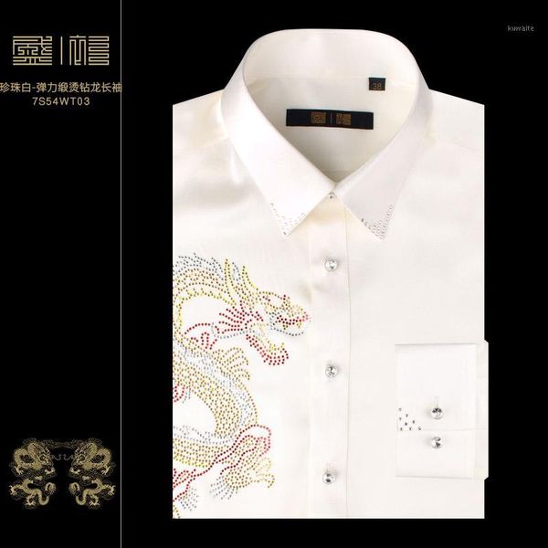 

men's silk men's pure color diamond dragon silk long sleeve shirt lapel shirt white1, White;black