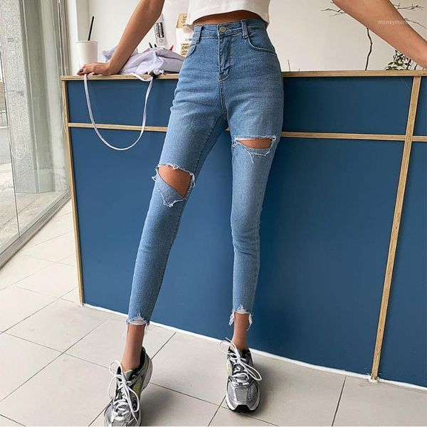 

women's jeans spring women denim ripped holes skinny blue 2021 chic lady bottoms high waist elastic mon female trousers1