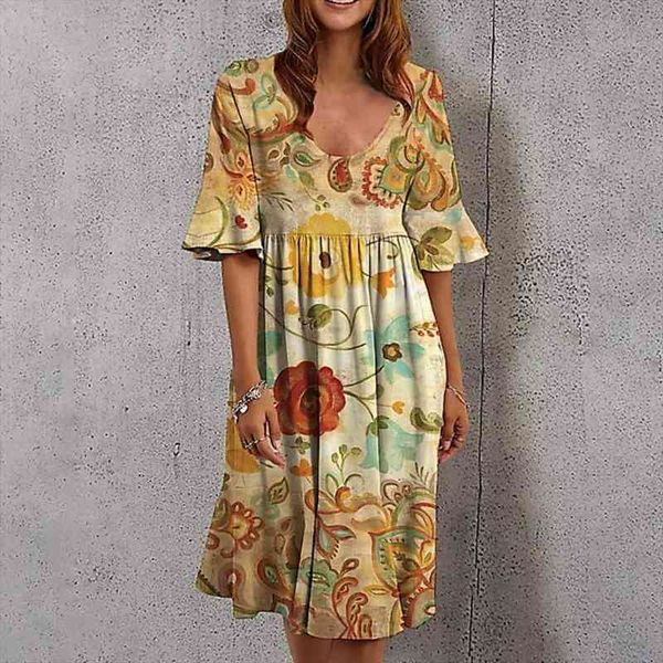 

womens summer dress boho floral print short sleeve knee-length dress ladies loose a line beach robe femme vestidos, Black;gray