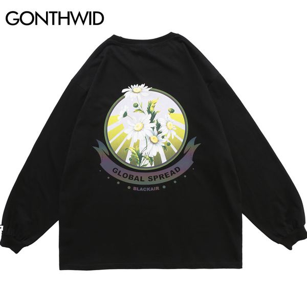 

3m laser reflective daisy print long sleeve tees shirts streetwear hip hop casual loose mens harajuku kg-226, White;black