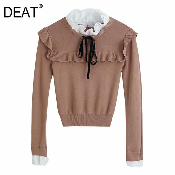 

deat] 2020 spring autumn new fashion tide stand-up collar bow long sleeve splicing pullover knitted women sweater 13a905, White;black