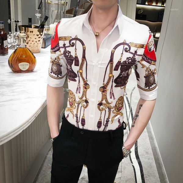 

black/white luxury print shirt men summer 2020 streetwear half sleeve mens casual shirts slim fit club prom tuxedo dress 3xl-m1, White;black