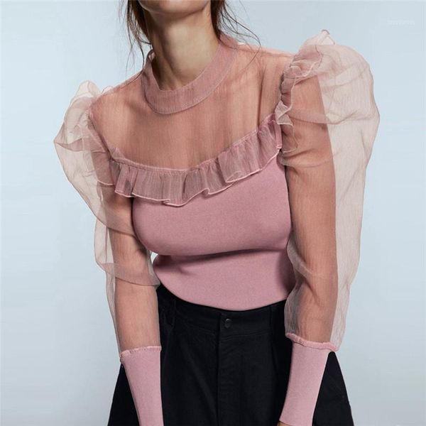 

sexty mesh puff long sleeve perspective women sweaters o neck patchwork casual sueter mujer slim elegant pullovers1, White;black