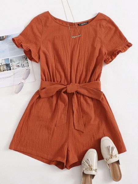 

ruffle trim split back self belted romper 634v#, White