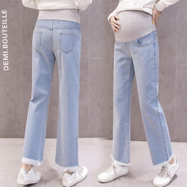 

spring autumn casual women maternity pants loose pregnant jeans jeans wide-leg straight cowboy pants maternity trousers, White