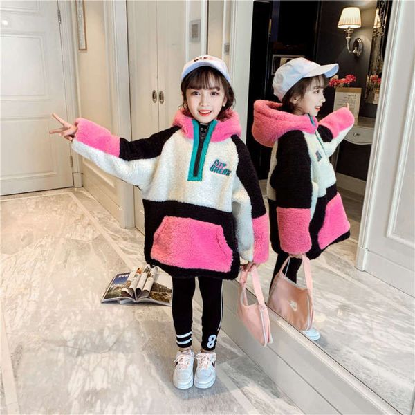 

winter girls' sweater plush korean thickened new clothing 2020 medium and large children's hooded lamb wool pullover fashion, Black