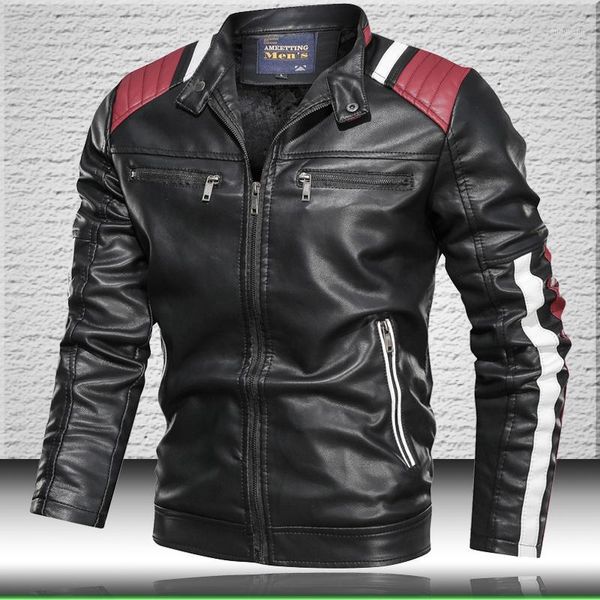 

2020 men's leather jackets stand collar jacket leather men patchwork motorcycle winter coat mens biker jacket1, Black