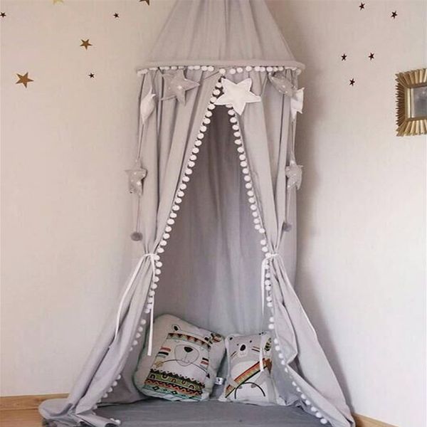 

children crib baby bed pompons canopy, round dome hanging valance kids play tent mosquito net curtain room decor white grey pink 1020