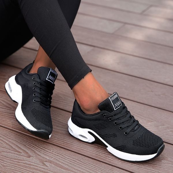 

fashion women lightweight sneakers vulcanize shoes outdoor sport shoes breathable mesh comfort casual shoes air cushion lace up 201110, Black
