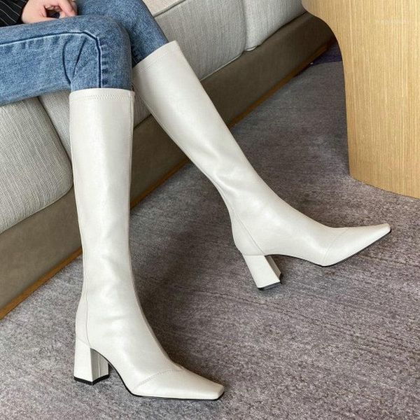 

boots zawsthia genuine natural leather pointed toe block high heels classic womens knee winter shoes riding shoes1, Black