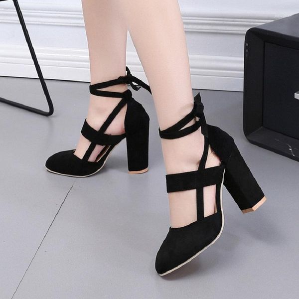 

2020 spring new thick heels high heels ankle band strap hollow women's single shoes fashion large size shallow1, Black