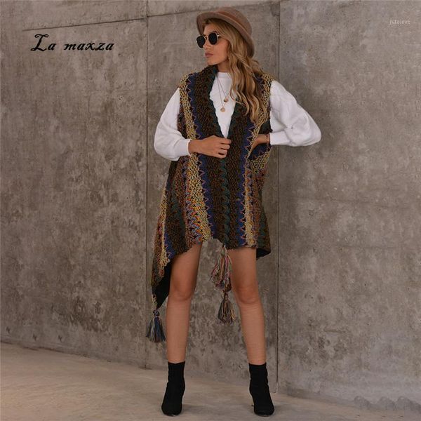 

fashion vintage striped women cardigans 2020 winter casual sleeveless irregular tassel cardigans1, White