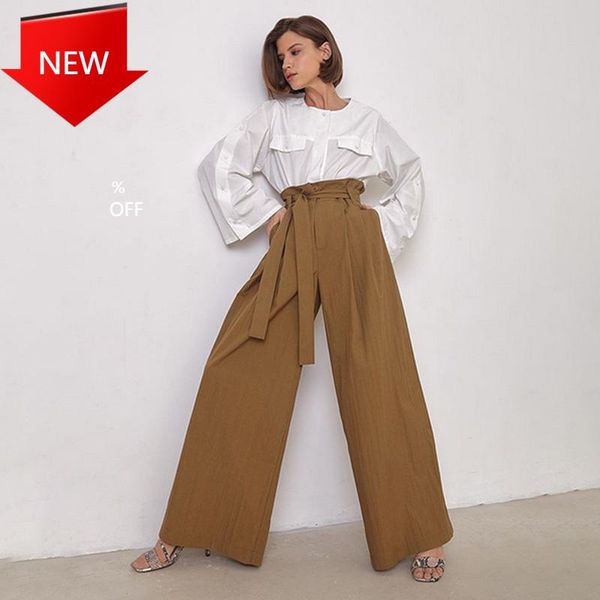 

wide leg pants high waist solid color cotton trousers women fashion elegant 2020 summer loose casual bow tie bandage, Black;white