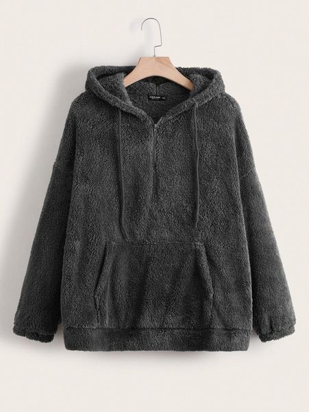 

plus kangaroo pocket drop shoulder drawstring flannel hoodie v5bh#, Black