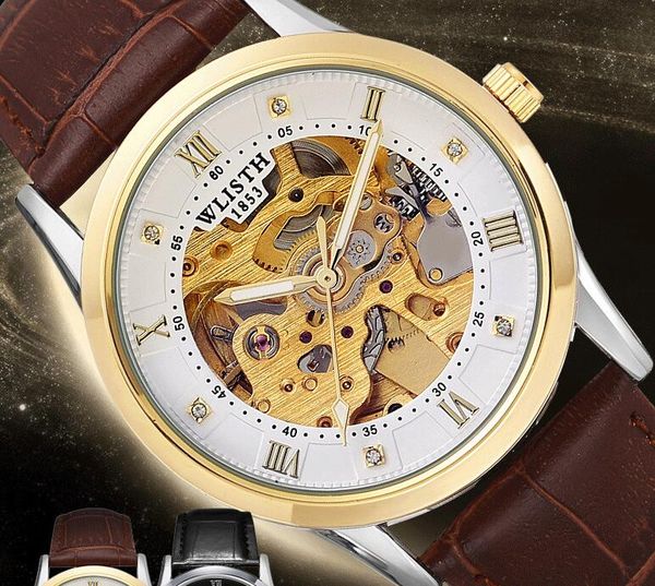 

wlisth men men's products selling quality brand double-sided hollow men's mechanical watch men's skin strap, Slivery;brown