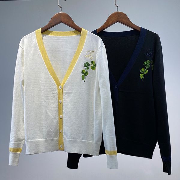

6796 lucky grass embroidery embroidery cardigan 2020 autumn new v-neck loose fashion casual women's knitting cardigan ix6ju, White;black