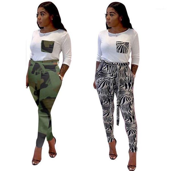 

women two piece outfits clothes printing long sleeve splicing belt casual clothing 2 piece pant set women fall 20201, White
