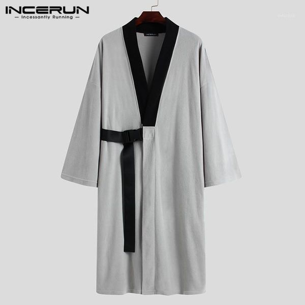

men vintage trench long sleeve open stitch coats patchwork long cadigan man loose solid kimono outwear with belts s-5xl incerun1, Tan;black