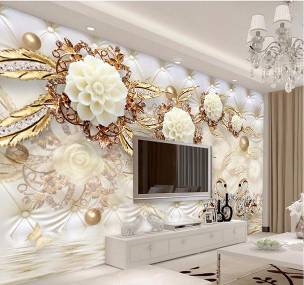 

wallpapers mural papel de parede custom wallpaper 3d gold white flowers soft bag ball jewelry tv back po behang1