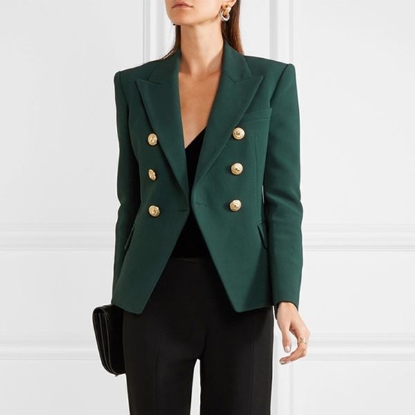 

designer blazer women's long sleeve double breasted metal lion buttons blazer jacket outer dark green 201114, White;black
