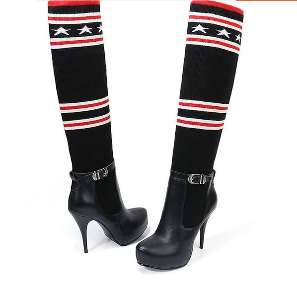 

new black leather height increasing boots women stilettos round toe over the knee boots autumn/winter platform botas