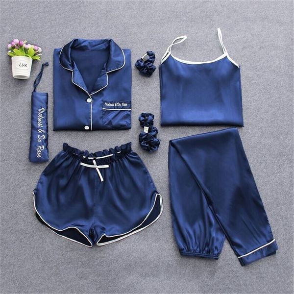 7 stücke Silk Satin Pyjamas Sets Solide Langarm Sexy Pyjama Shorts Strickjacke Frauen Schlaf Nachtwäsche 10 Farbe Nette Kleidung LJ200814