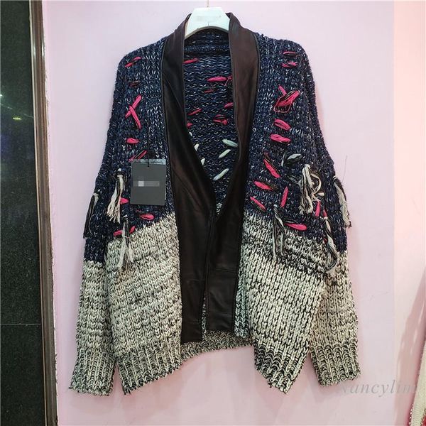 

european style loose cardigans female 2020 autumn new fashion embroidery printing patch pu leather long-sleeve knitwear coat, White