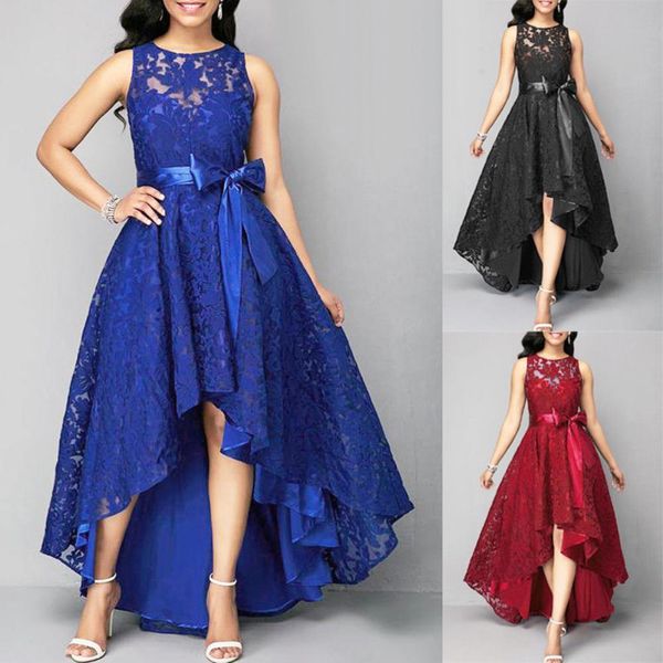 

plus size s-5xl lady party bow satin solid color lace sleeveless asymmetric long dresses women for women dress party vestidos, Black;gray